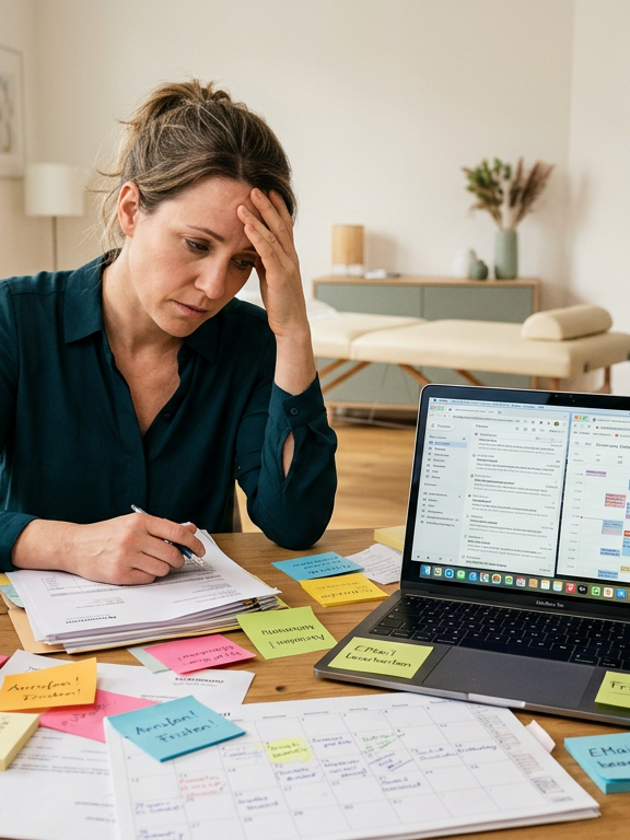 Frau sieht verzweifelt aus, sie sitzt an ihrem Bürotisch mit vielen Notzen die um sie herumliegen